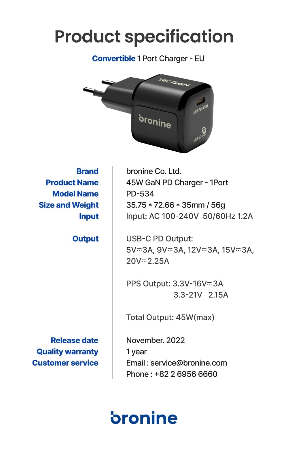 Bronine Cargador de 1 puerto USB-C 45W GaN PD para UE