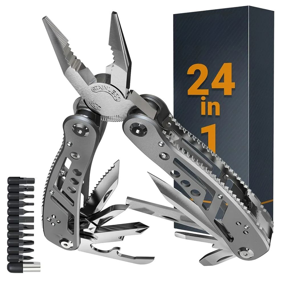 Multitool 24 in 1 - Outil multifonctions compact avec pince, couteau, tournevis & plus - Idéal pour les photographes, le plein air & le camping