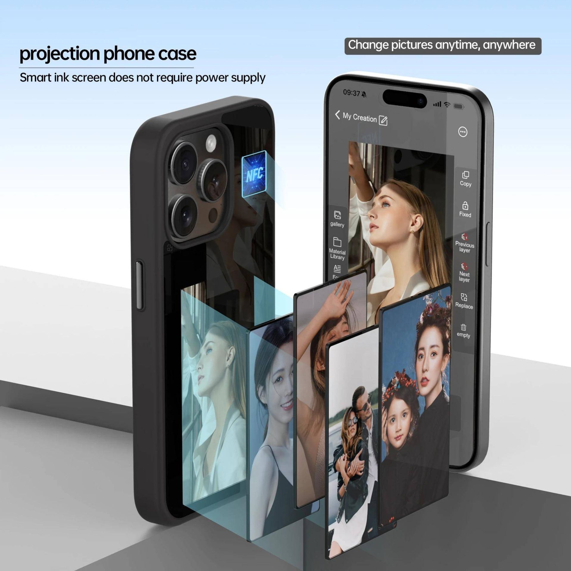 Funda protectora para iPhone de la serie 15I16 con pantalla basada en NFC para la visualización de imágenes
