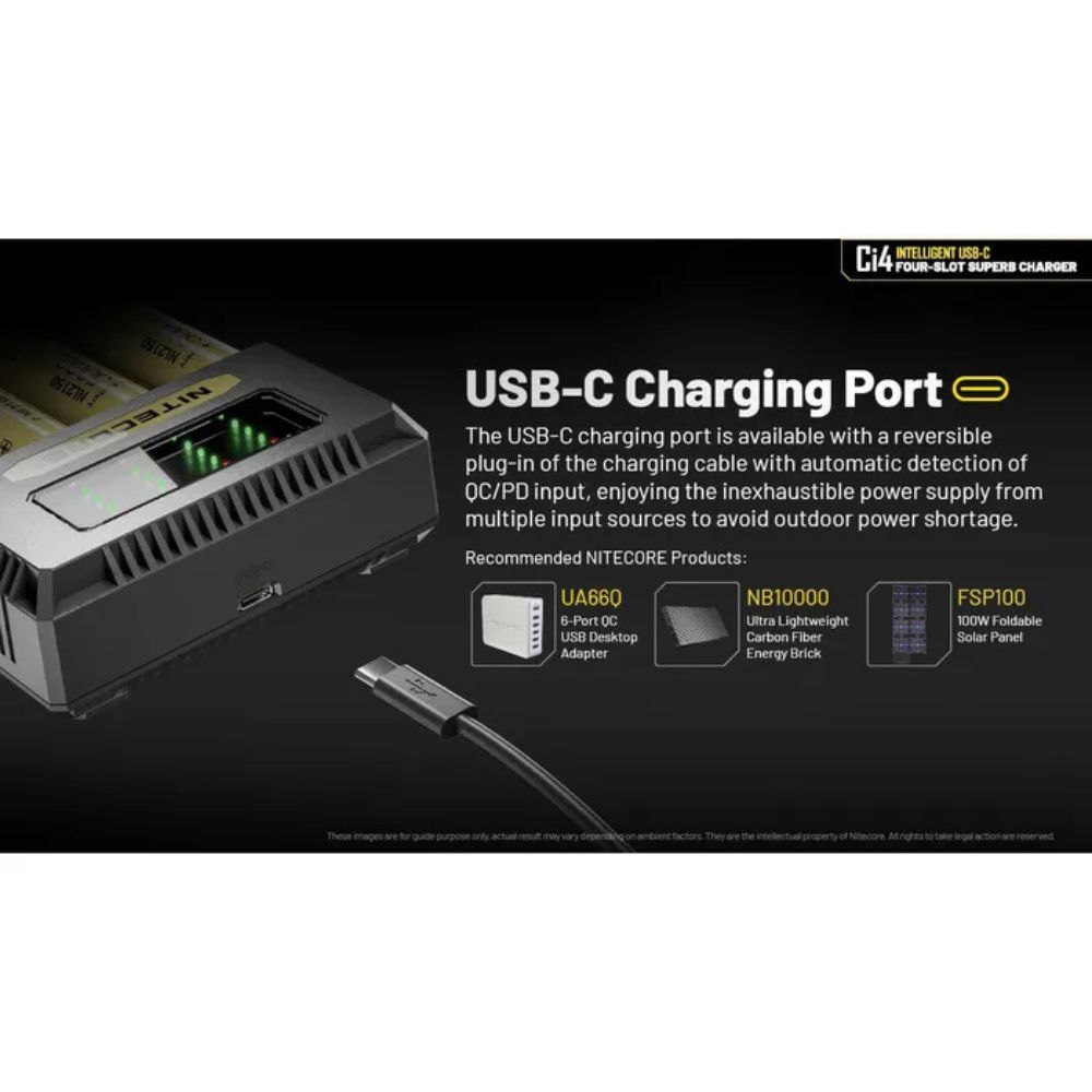 Nitecore Ci4 Cargador inteligente para baterías Li-Ion 4 ranuras USB C